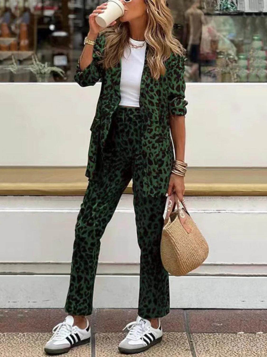 Full Size Leopard Lapel Collar Blazer and Pants Set - Selvanelle