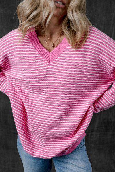 Striped V-Neck Dropped Shoulder Sweater for Women - Selvanelle