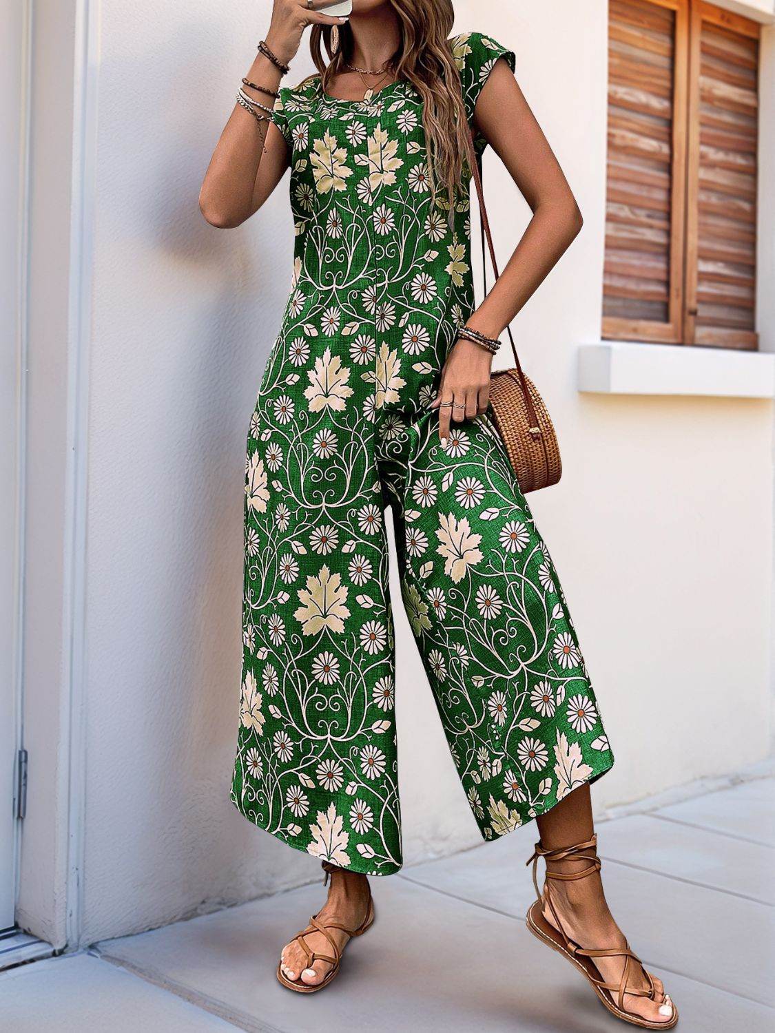 Perfee Printed Round Neck Cap Sleeve Wide Leg Jumpsuit - Selvanelle
