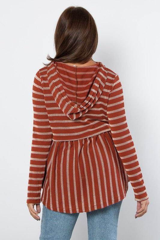 Be Stage Full Size Drawstring Striped Babydoll Hoodie Chic - Selvanelle