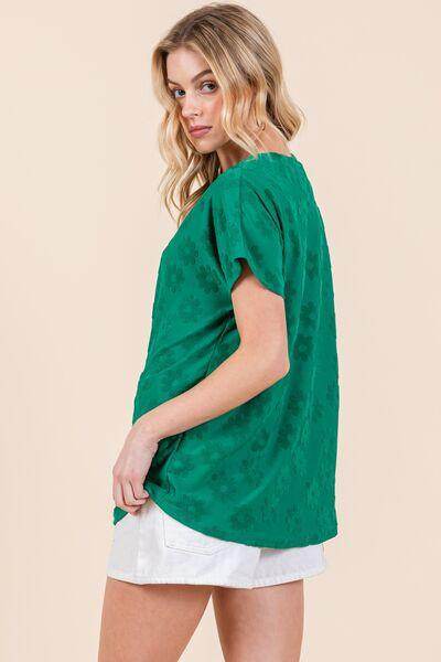 BOMBOM Textured Floral Pattern Short Sleeve T-Shirt for Women - Selvanelle