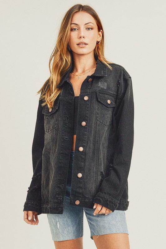 RISEN Full Size Distressed Long Sleeve Denim Jacket for Women - Selvanelle