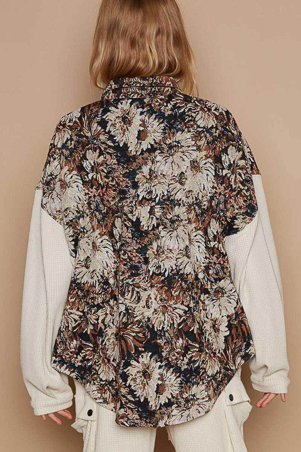 POL Contrast Sleeves Button Down Floral Jacquard Shirt - Selvanelle