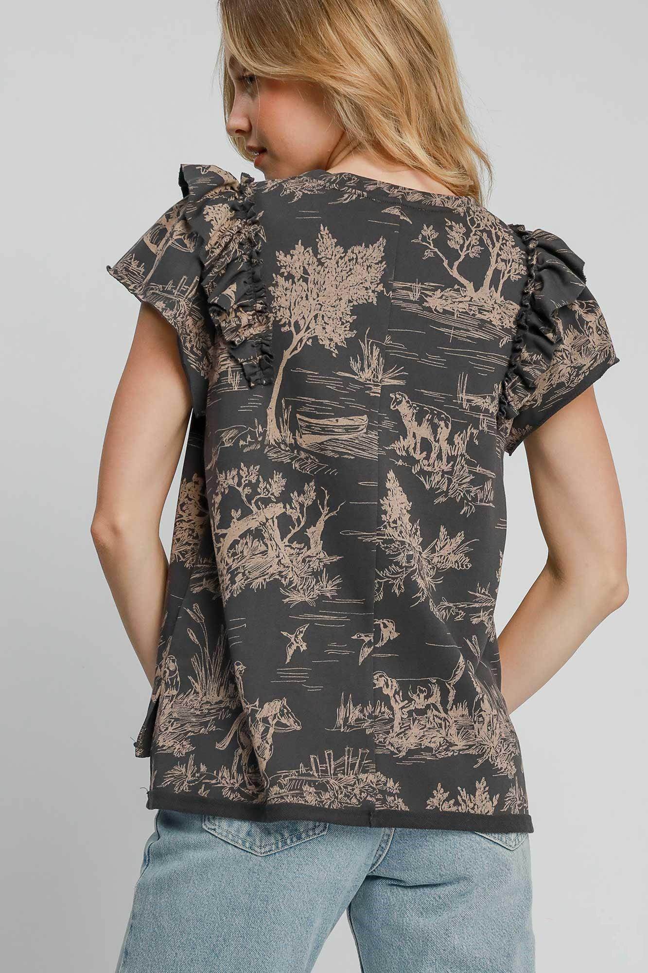 Umgee Ruffled Landscape Print Short Sleeve French Terry Top - Selvanelle