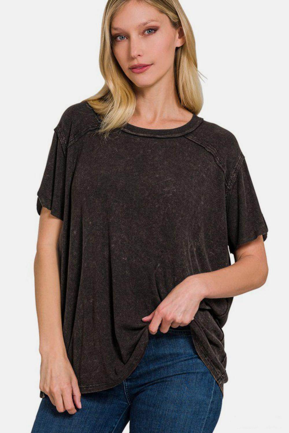 Zenana Washed Ribbed Short Sleeve Top for Casual Style - Selvanelle