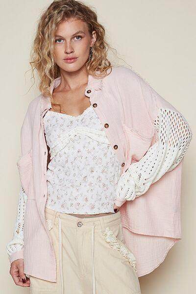 POL Openwork Lantern Sleeve Button Down Gauze Shirt for Women - Selvanelle
