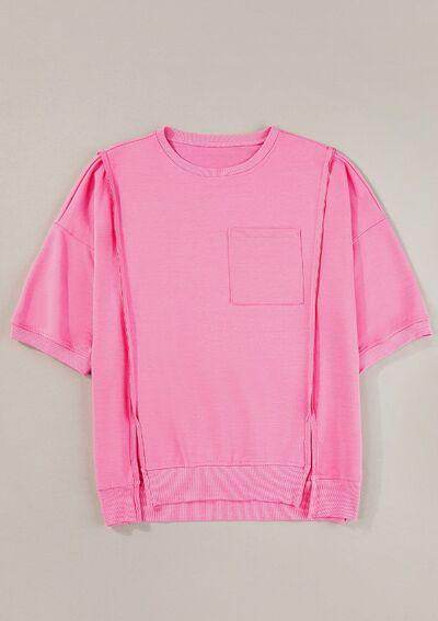 Exposed Seam Side Slit Round Neck Top for Women - Selvanelle