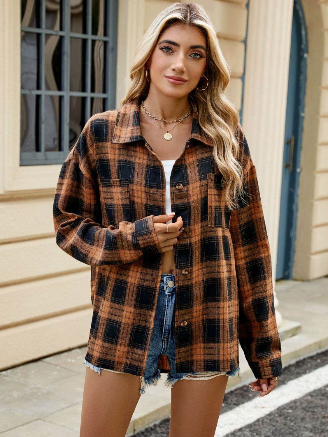 Plaid Collared Neck Long Sleeve Shirt - Selvanelle