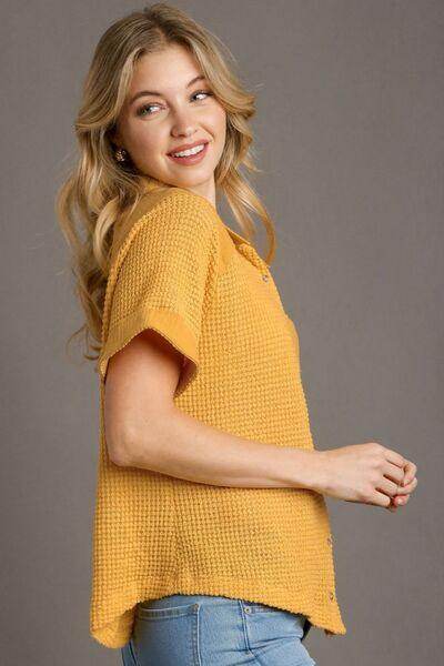 Umgee Full Size Waffle-Knit Short Sleeve Button Down Shirt - Selvanelle
