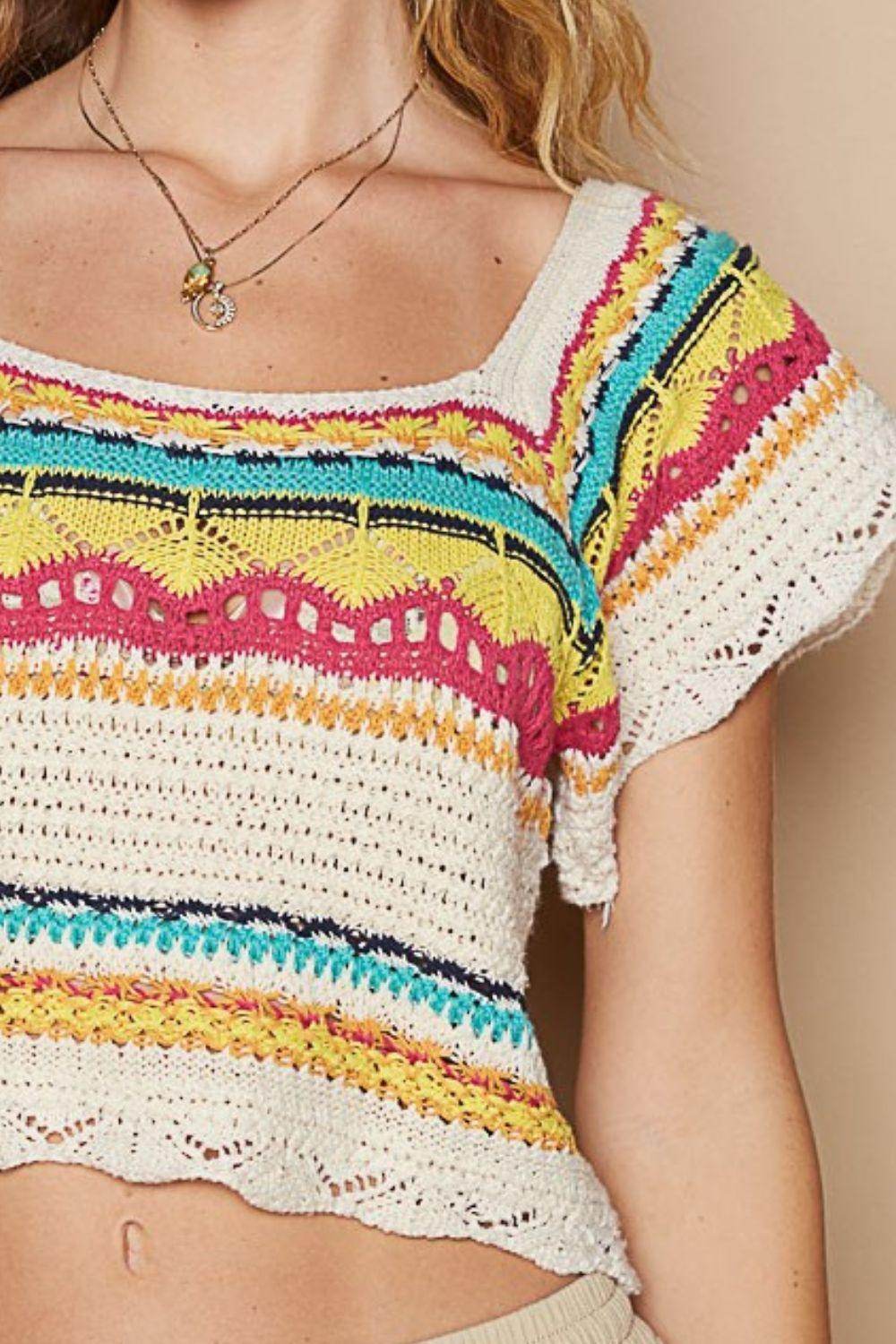 POL Openwork Ethnic Pattern Square Neck Cropped Knit Top - Selvanelle