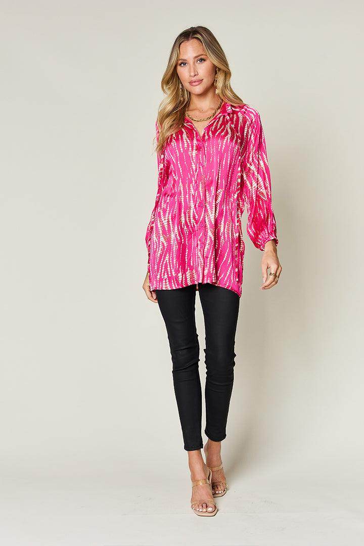 Double Take Full Size Printed Button Up Long Sleeve Shirt - Selvanelle