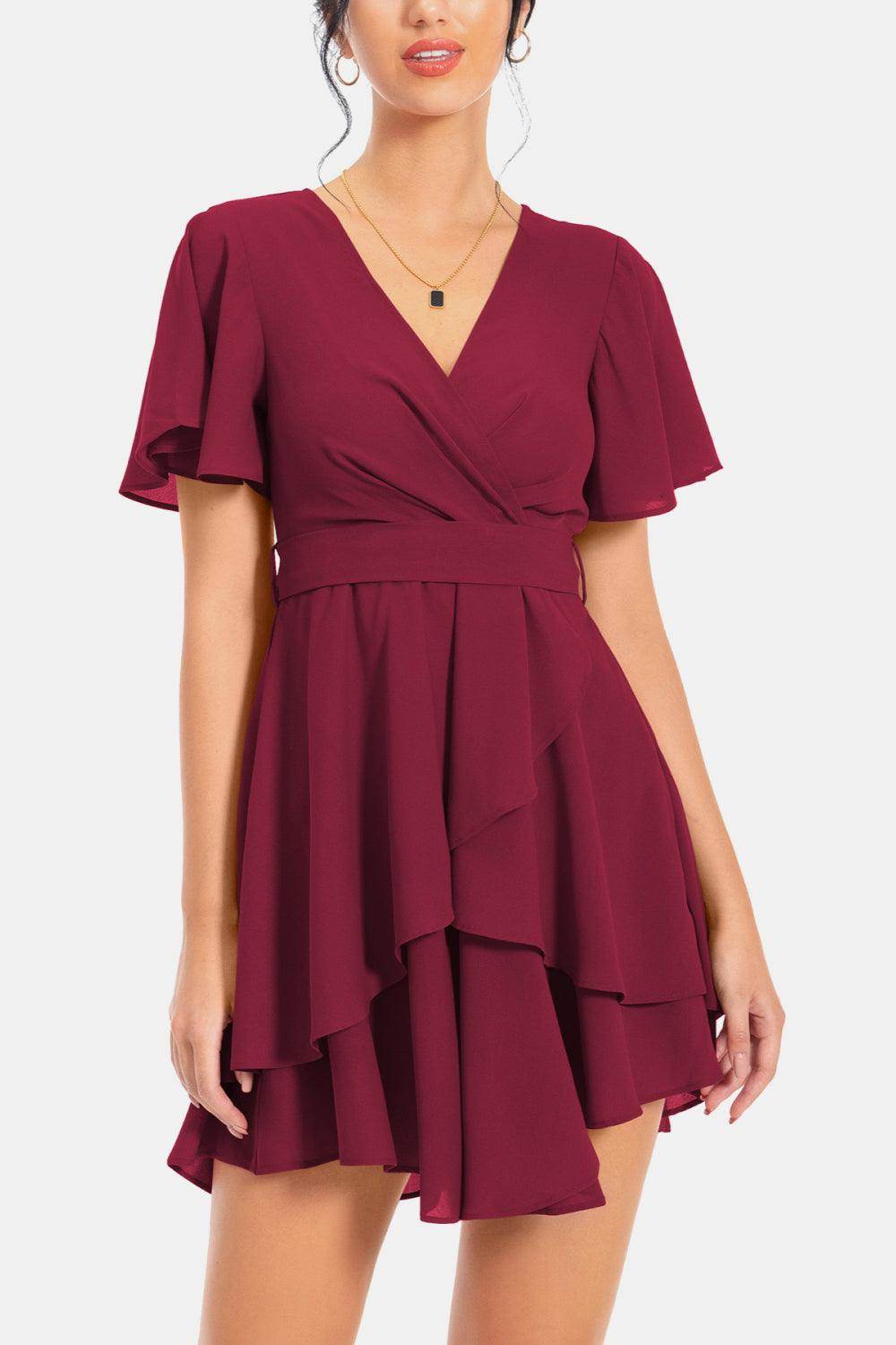 Surplice Neck Flutter Sleeve Dress for Chic Summer Style - Selvanelle