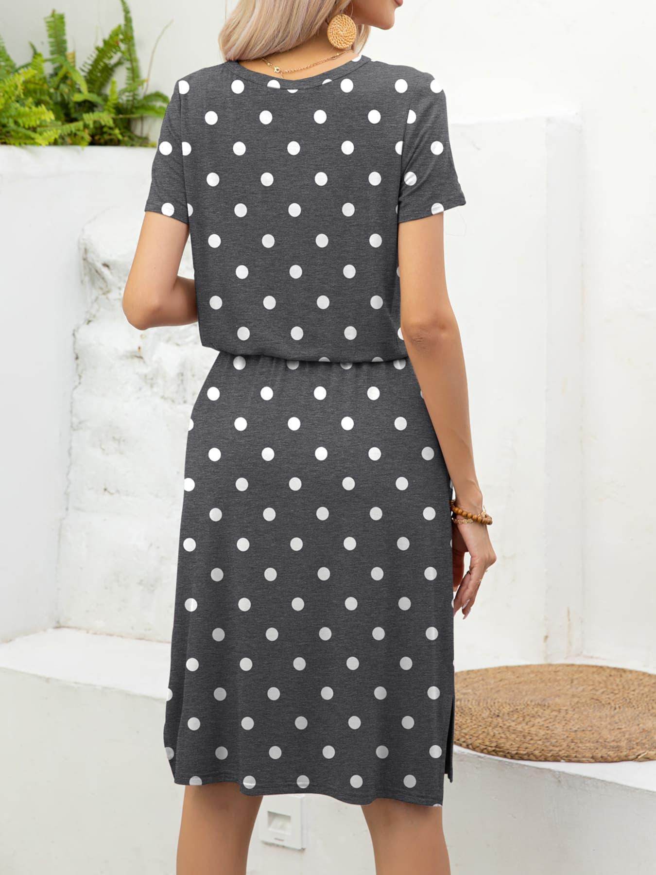 Round Neck Short Sleeve Slit Dress with Pockets for Women - Selvanelle