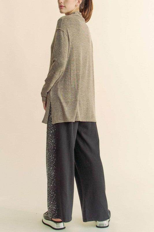 Davi & Dani Slit Mock Neck Long Sleeve Top for Women - Selvanelle