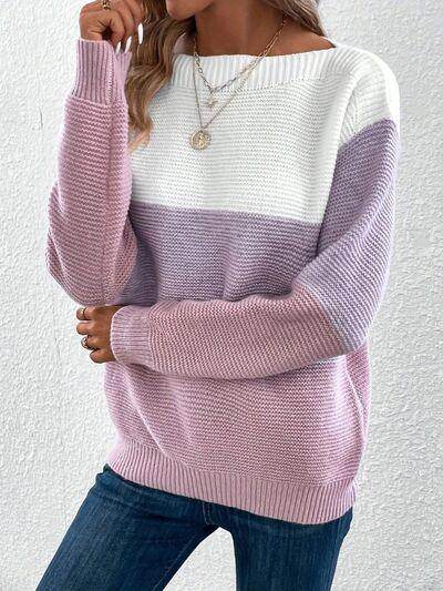 Color Block Boat Neck Sweater for Stylish Layering - Selvanelle