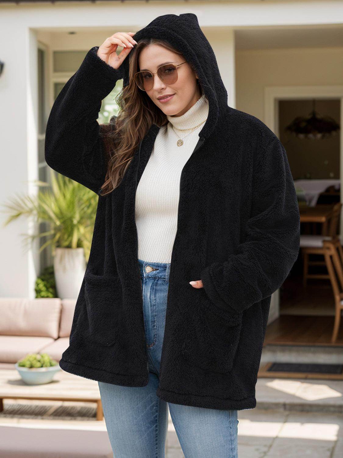 Plus Size Zip Up Long Sleeve Hooded Outerwear Jacket - Selvanelle