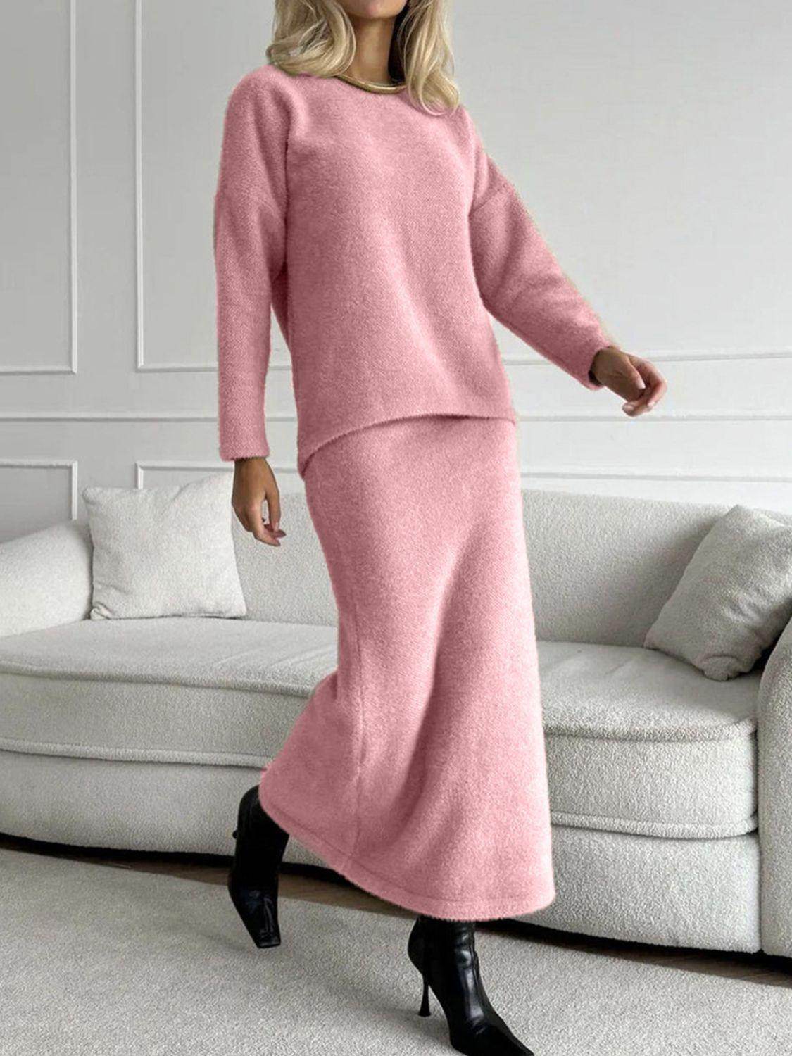 Round Neck Dropped Shoulder Top and Midi Skirt Sweater Set - Selvanelle