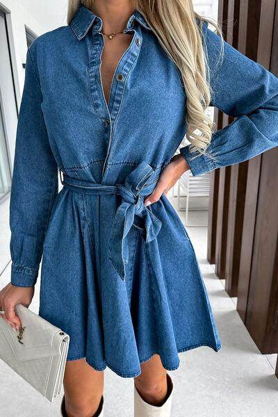 Tied Half Button Long Sleeve Denim Dress for Women - Selvanelle