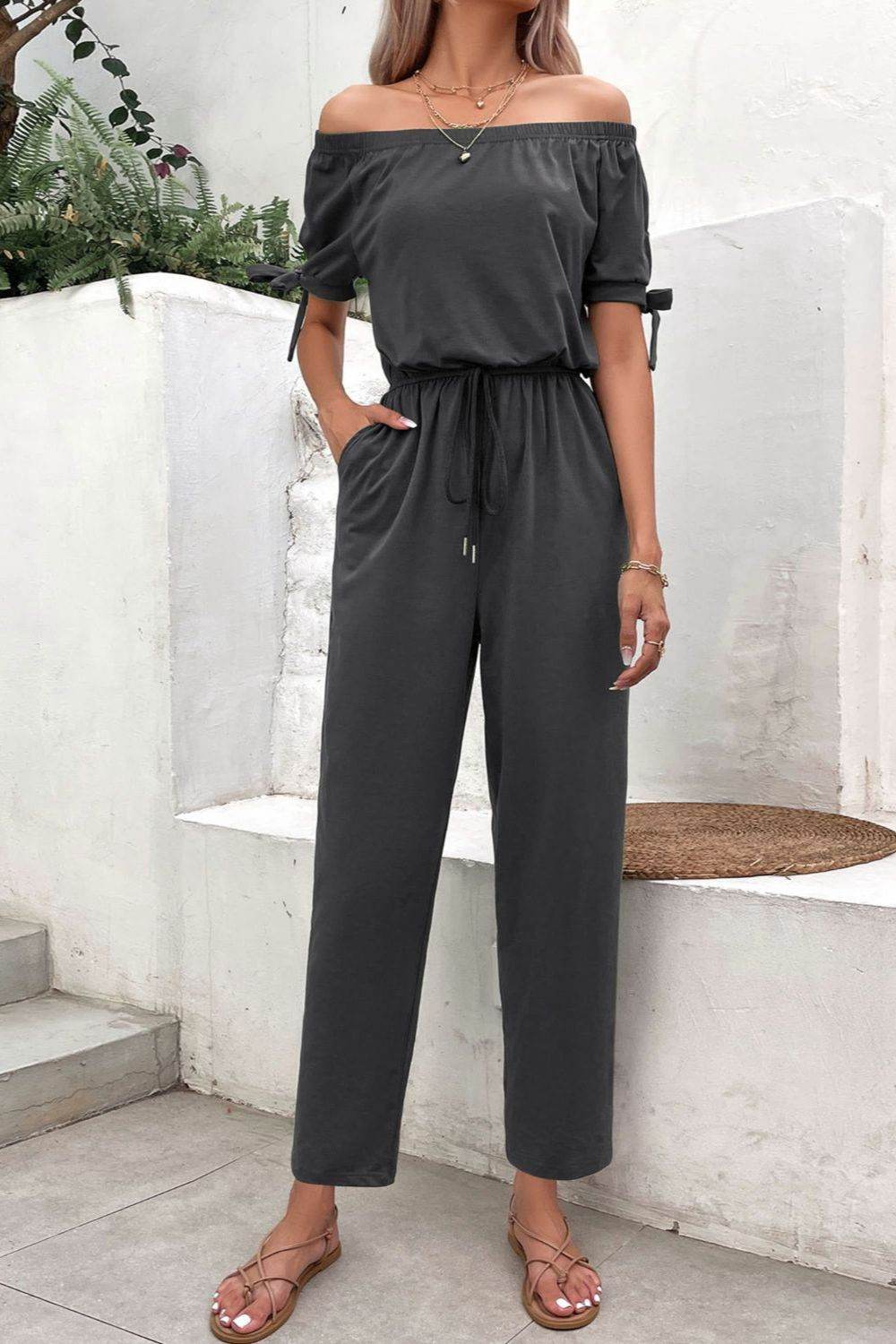 Perfee Off-Shoulder Tie Cuff Jumpsuit with Pockets - Selvanelle