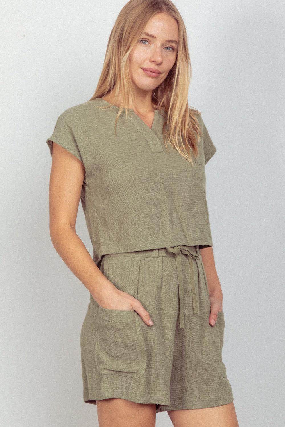 Very J Woven Cropped Top and Waist Tie Shorts Set - Selvanelle