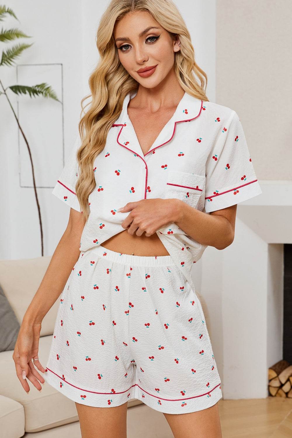 Cheery Print Collared Neck Top and Shorts Lounge Set - Selvanelle