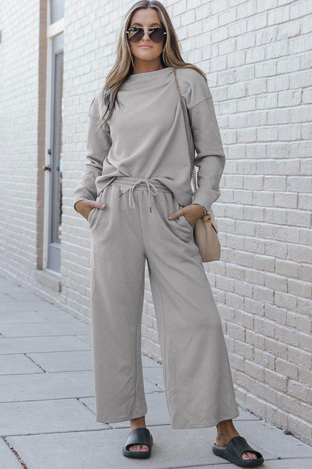 Double Take Full Size Textured Long Sleeve Top and Drawstring Pants Set for Women - Selvanelle