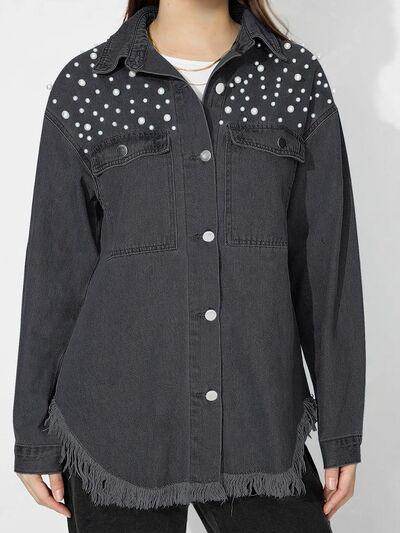 Raw Hem Pearl Trim Collared Neck Denim Top for Women - Selvanelle