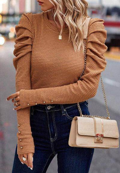 Decorative Button Round Neck Puff Sleeve Blouse for Women - Selvanelle