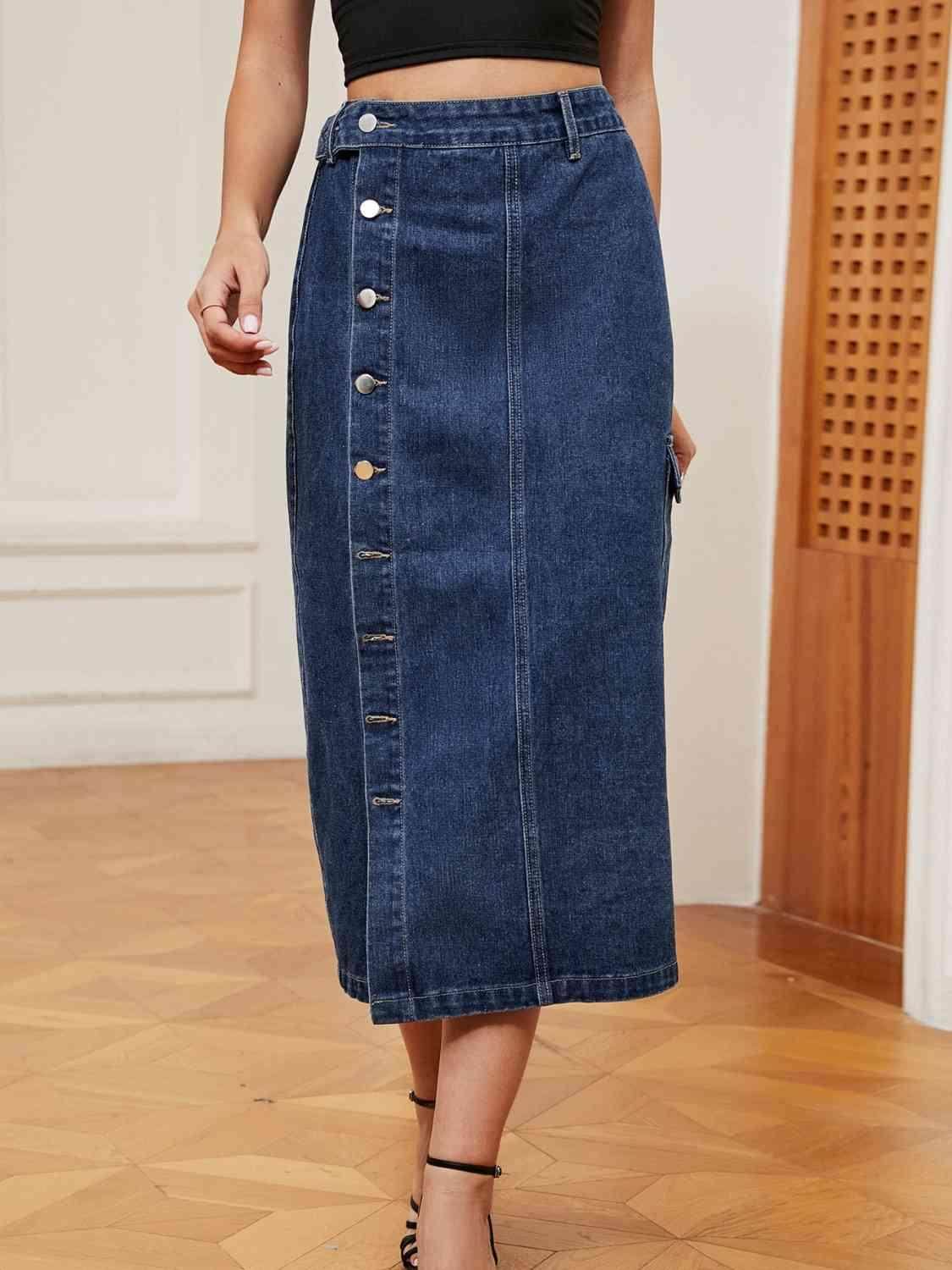 Button Down Midi Denim Skirt with Pockets and Button Detail - Selvanelle