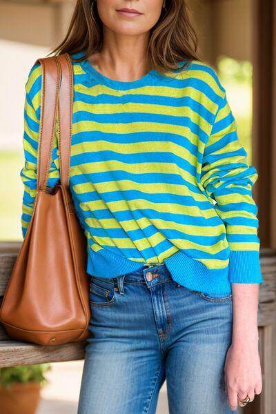 Striped Round Neck Long Sleeve Sweater for Women Fashion - Selvanelle