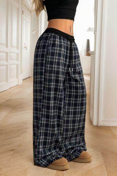 Plaid Wide Leg Pants with Drawstring and Sheer Style - Selvanelle
