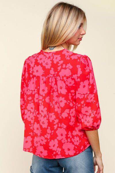 Haptics Full Size Ribbon Bow Floral Balloon Sleeve Blouse - Selvanelle