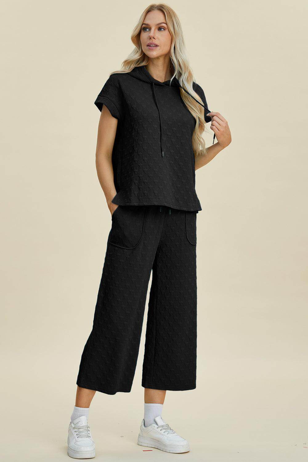 Double Take Full Size Texture Hoodie and Pants Set - Selvanelle