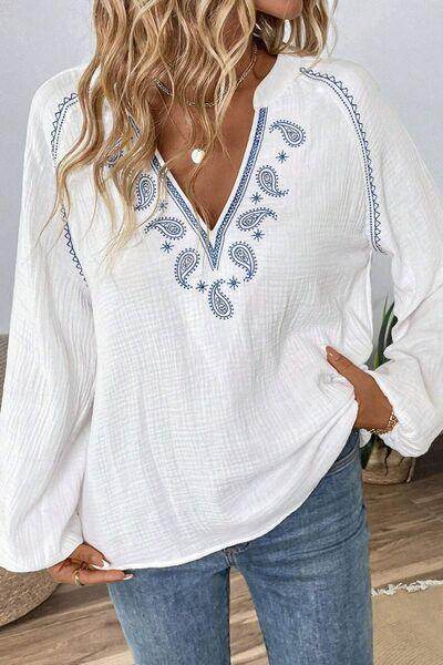 Embroidered Notched Long Sleeve Blouse for Women Fashion - Selvanelle