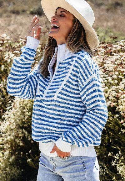 Striped Half Zip Mock Neck Long Sleeve Sweater for Women - Selvanelle