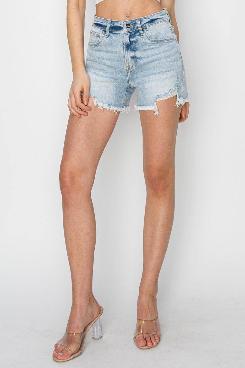 RISEN Full Size High Waist Frayed Detail Denim Shorts - Selvanelle