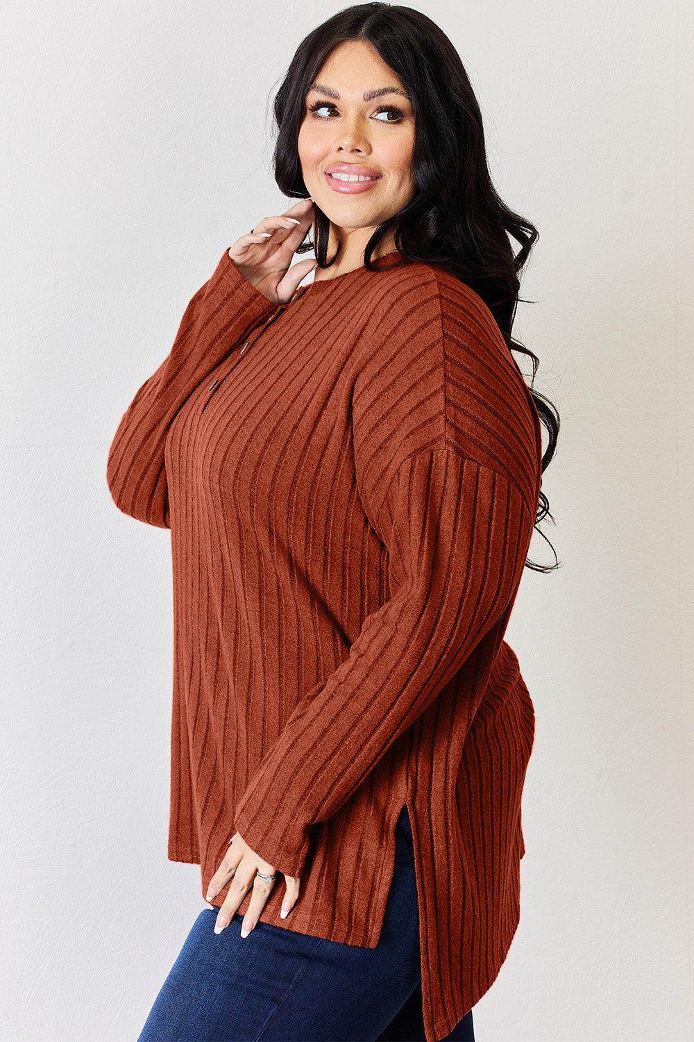 Basic Bae Full Size Ribbed Half Button Long Sleeve T-Shirt - Selvanelle