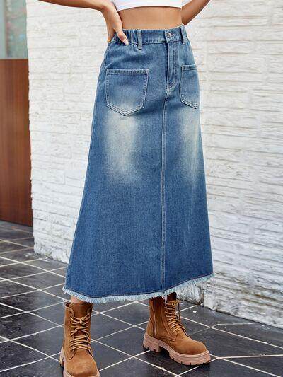 Raw Hem Buttoned Denim Skirt with Pockets for Women - Selvanelle