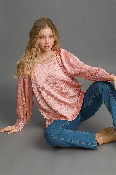 Umgee Wrinkled Round Neck Lantern Sleeve Blouse for Women - Selvanelle
