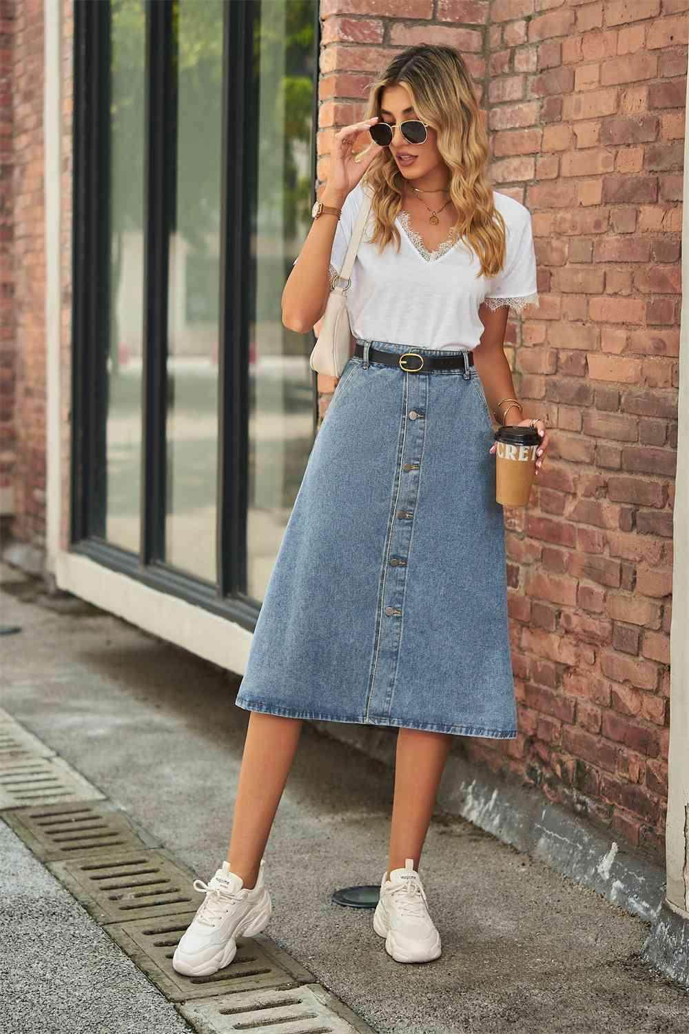 Button Front A-Line Denim Skirt for Casual Style Wear - Selvanelle