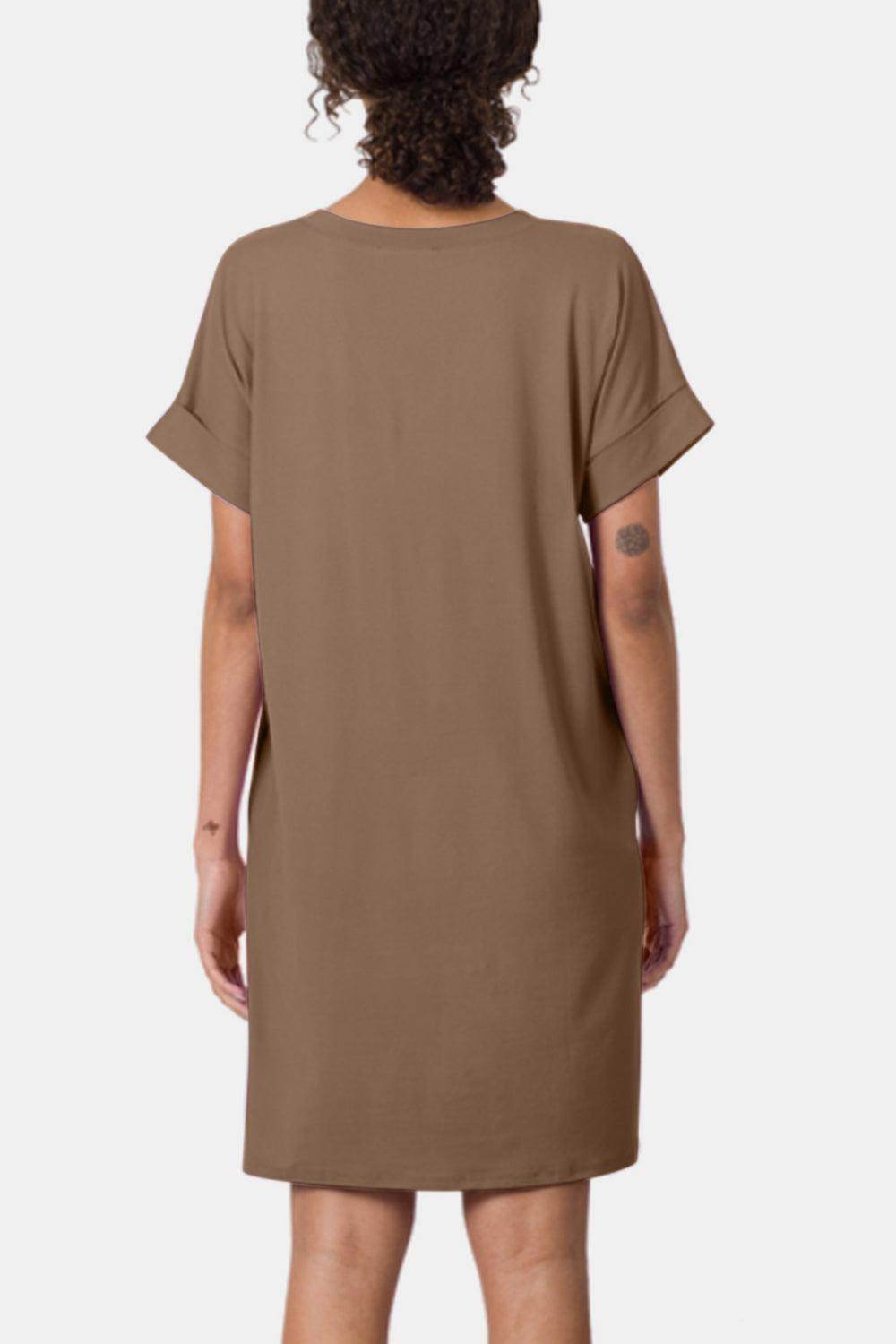 Zenana Rolled Short Sleeve V-Neck Dress for Casual Style - Selvanelle