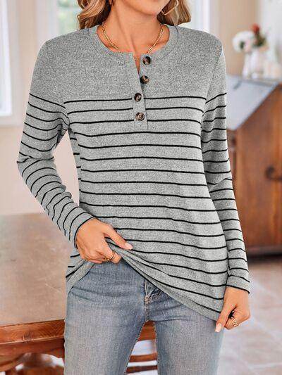 Lovelet Quarter Button Striped Round Neck Long Sleeve T-Shirt - Selvanelle