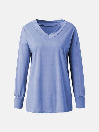 Full Size V-Neck Long Sleeve T-Shirt for Women Casual Wear - Selvanelle