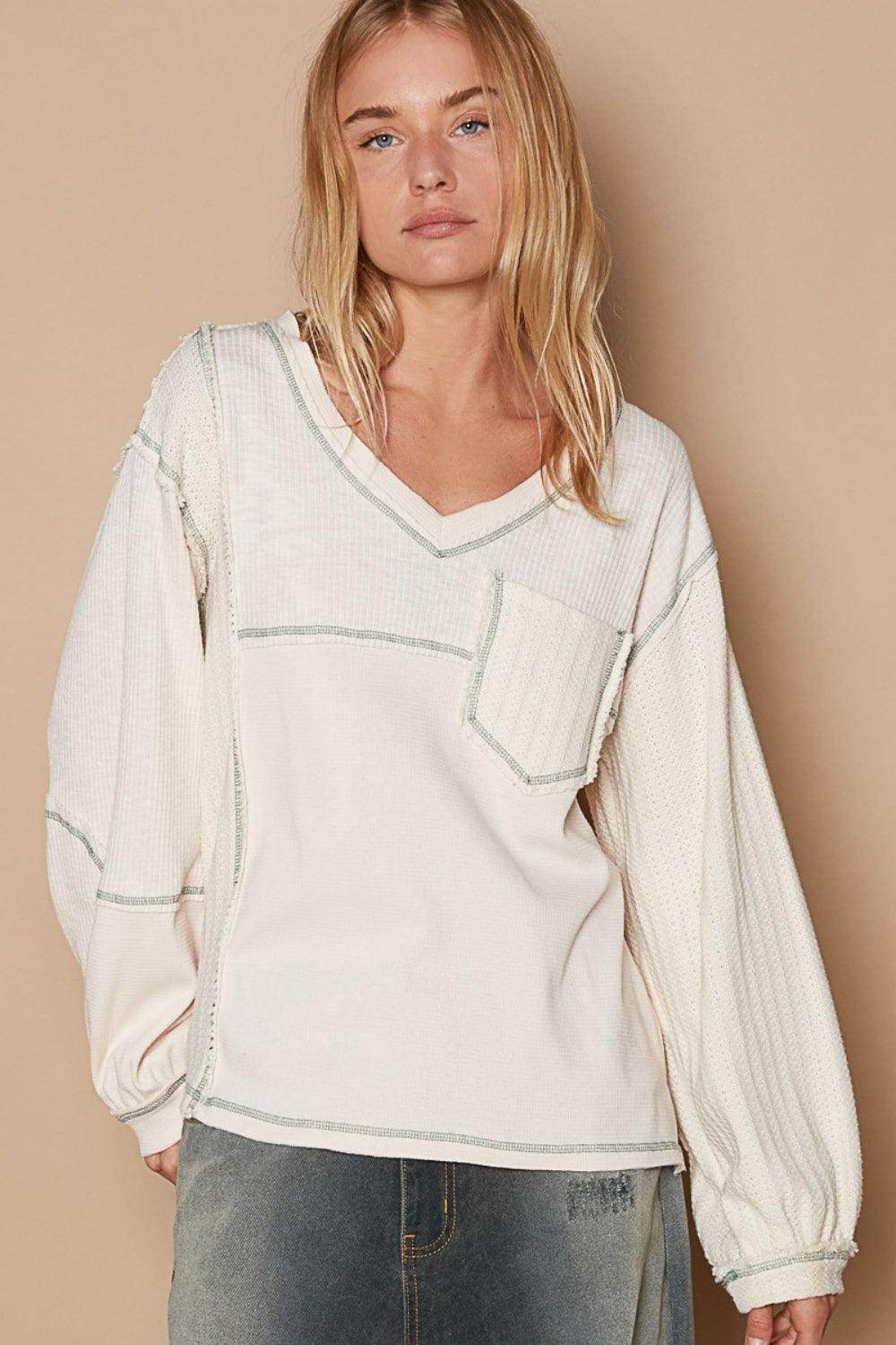 POL V-Neck Knit Panel Exposed Seam Top for Stylish Wear - Selvanelle