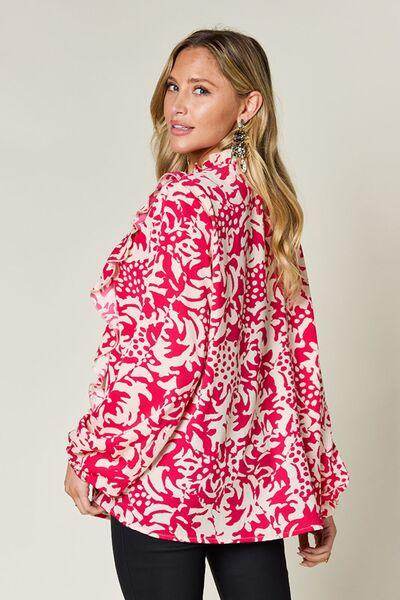 Double Take Full Size Printed Ruffle Trim Balloon Sleeve Shirt - Selvanelle