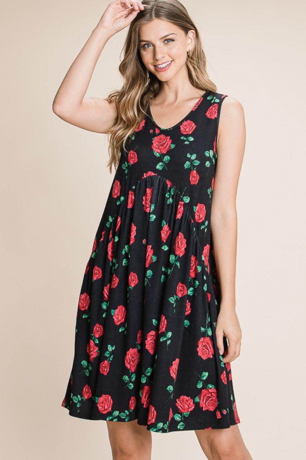 BOMBOM Floral Ruched Tank Dress for Summer Style - Selvanelle
