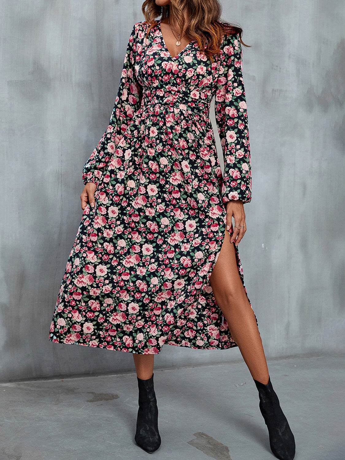 Perfee Floral V-Neck Slit Midi Dress - Selvanelle