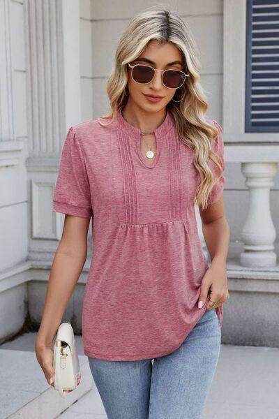 Notched Short Sleeve Solid Color Top for Everyday Style - Selvanelle