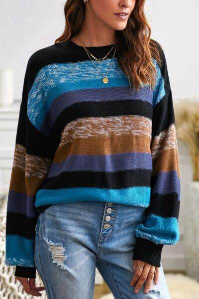 Contrast Striped Round Neck Drop Shoulder Sweater for Women - Selvanelle