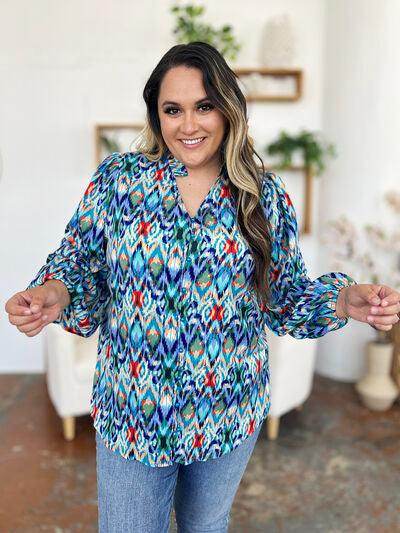 Double Take Full Size Printed Balloon Sleeve Blouse for Women - Selvanelle